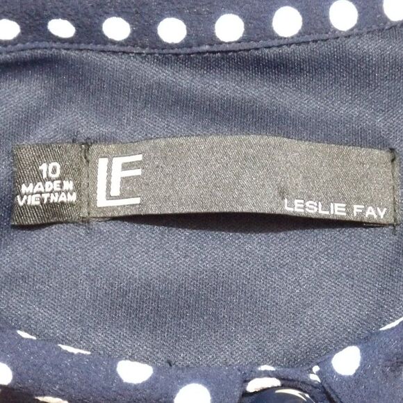 LESLIE FAY Dress, 10, Navy/White Polka Dots, Sleeveless/Collar, Side Zip - Picture 10 of 13